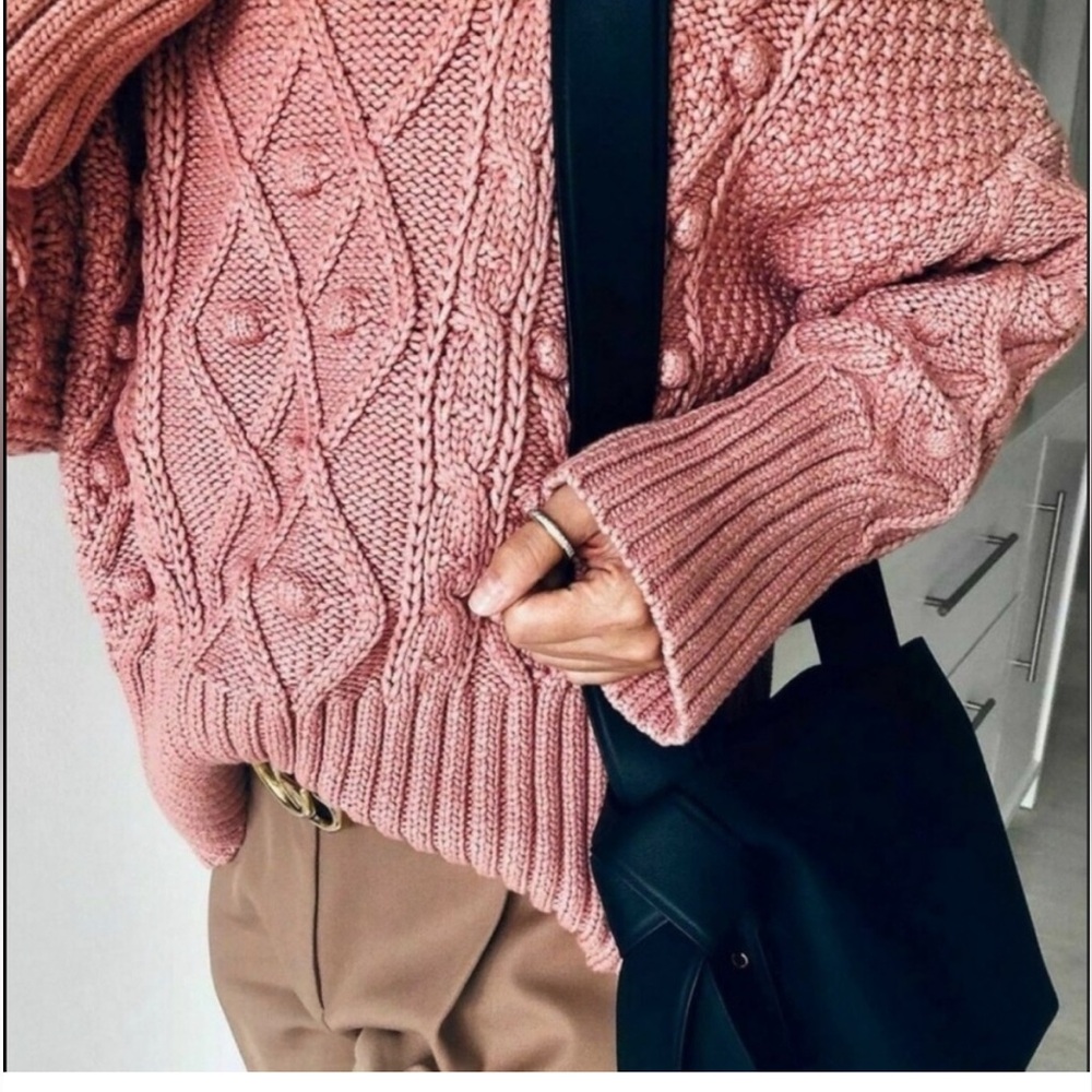 🪅Zara Pink Cable Knit Cotton Oversize Crewneck Sweater Small - Picture 3 of 9